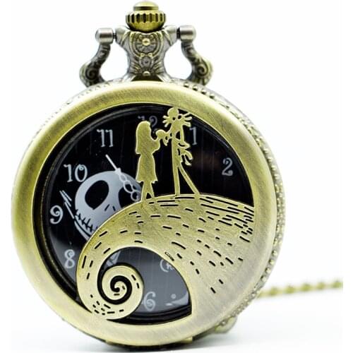 Vintage Bronze The Nightmare Before Christmas Sally Jack Skellington Quartz Pocket Watch Necklace Mens Womens Xmas Gift TD2046