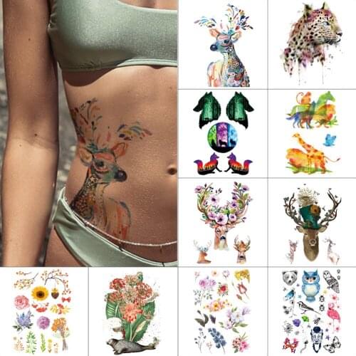 Deer Temporary tattoo stickers Sika Deer Leopard flower Waterproof fake tattoo Wolf fox Body art tattoo for abdomen