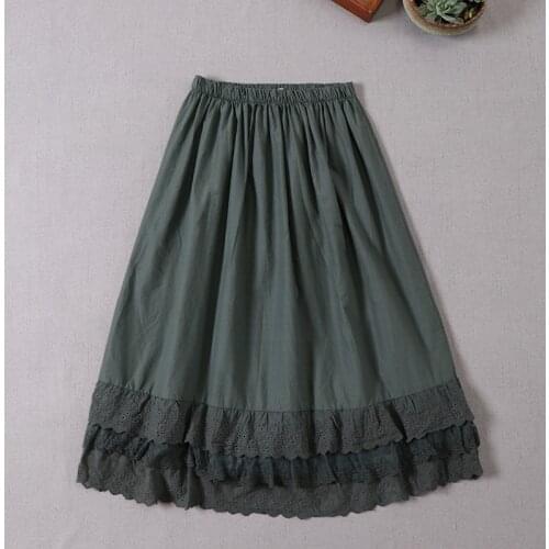 Japan Style Mori Girl Literature Solid Color Skirt New Spring Summer Embroidery Lace A-line Women Skirts