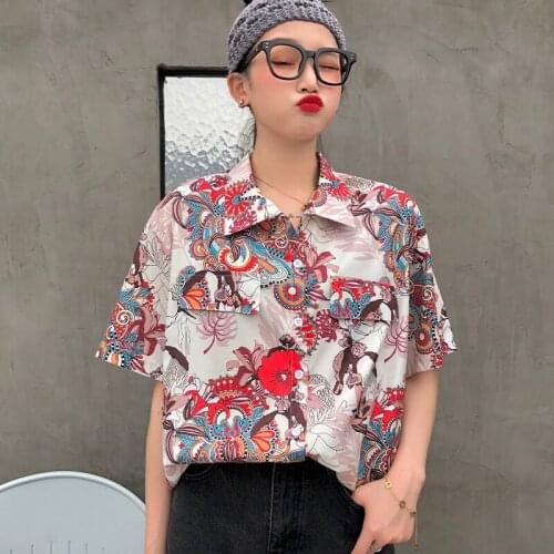 Female Korean Harajuku Cute Loose Lazy Floral Ins Shirt Womens Shirts Ulzzang Japanese Kawaii Ladies Vintage Clothes For Women