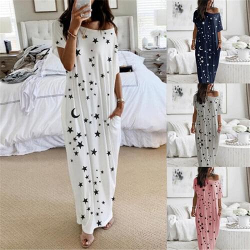 Women Star moon Print Sleepwear Dress summer Loose Off Shoulder Short Sleeve Maxi dresses female Casual O-Neck Homewear Dress