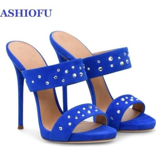 ASHIOFU Handmade Letter Shaped Ladies High Heel Sandals Faux-suede Open-toe Summer Shoes Crystal Sexy Evening Fashion Sandals