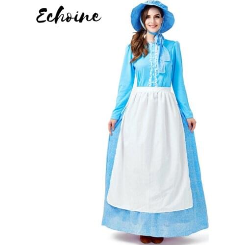 Echoine Womens Halloween Idyllic Farm Apron Maid Costume Blue Fancy Long Sleeve Maxi Dress California Costumes Pioneer Cosplay
