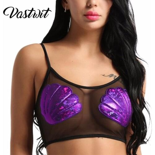 Sexy Mermaid Seashell Metallic Patchwork Mesh Tops for Women Summer Cyber Y2K Aesthetic Cloth Crop Top Vest Rave Party Clubwear