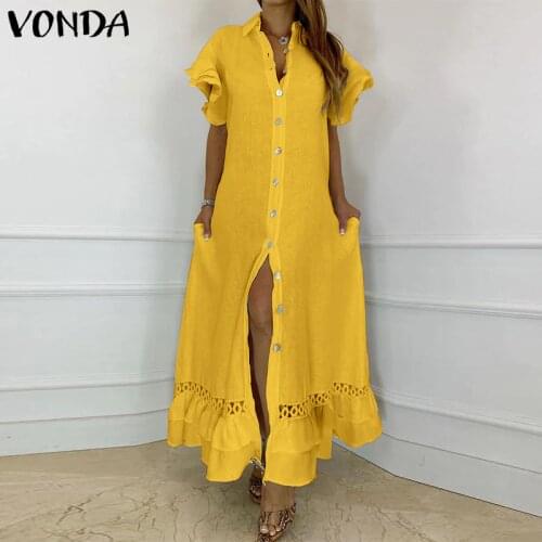 Women Elegant Maxi Dress 2021 VONDA Female Vintage Flare Sleeve Long Maxi Dress Casual Lapel Collar Ruffled HemVestido Oversized