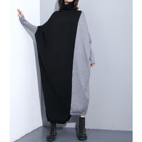 Women Turtleneck Sweater Dress New X-long Oversized Pullover Colour Block Patchwork Knitted Sweater Bawing Sleeve Warm Jumper
