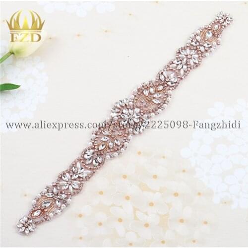 1 Piece Rose Gold Rhinestone Crystal Appliques For Wedding Bridal Motif Applique Pearls Sew Iron On Sash Belt Dress Decorations