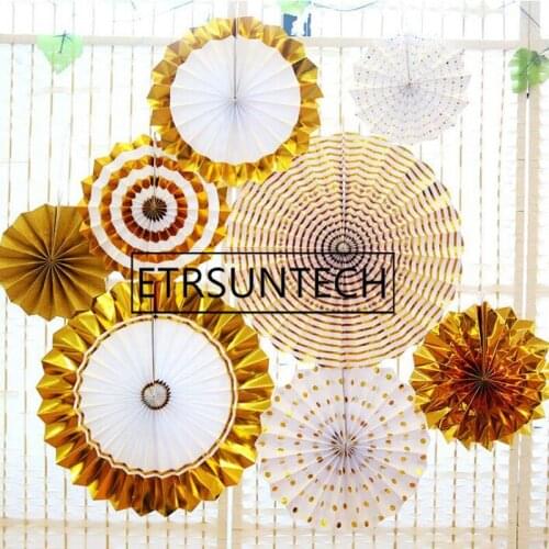 30sets 8pcs/set Luxury Gold Silver Paper Fan Set Wedding Engagement Party Hanging Paper Decor Decorative Paper Crafts