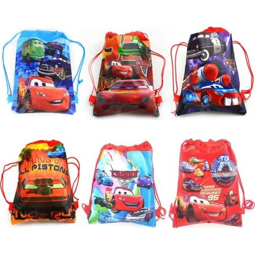 6/12/24/30PCS Disney Car Party Bags For Kids Birthdays Non-woven Fabrics Shopping Bag Drawstring Backpack School Party Gift Bags