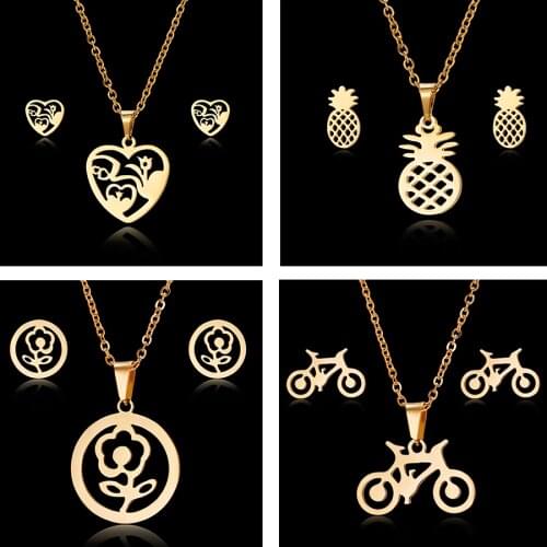 Belleper Gold Color Stainless Steel Necklace For Women Hollow Pineapple Rose Flower Bike Pendant Necklace Earring Jewelry Set