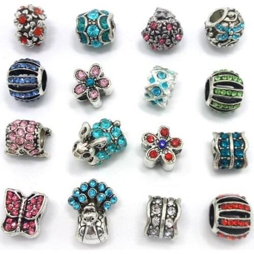 Free Shipping 16pcs mix style rhinestone big hole antique silver color alloy beads fit European bracelet charms DIY