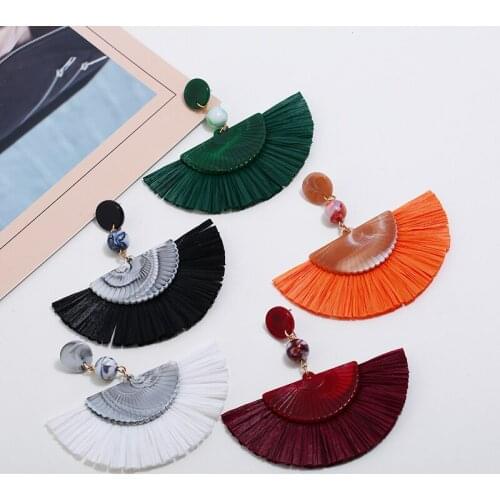 Bohemian ethnic resin ball fan-shaped pendant earrings fashion creative ornate lafite-grass tassel womens charm Earrings