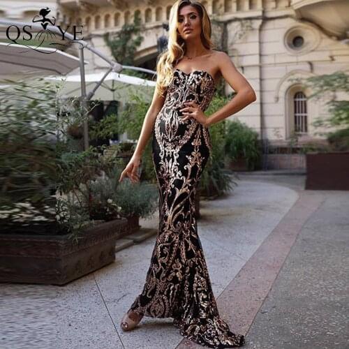 Black Gold Evening Dress Strapless Mermaid Long Prom Gown Glitter Sequin Formal Party Dress Off Shoulder Evening Wedding Dress