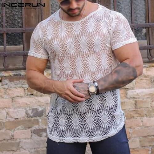 Summer Men T Shirt Mesh See Through Streetwear O Neck Short Sleeve Sexy Tee Tops 2021 Party Nightclub Camisetas S-5XL INCERUN