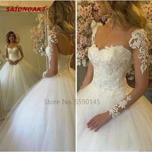 2020 Lace Ball Gown Wedding Dress with Long Sleeves Sheer Neck Sweep Train Princesa Vestido De Novia Robe Mariage Online Shop