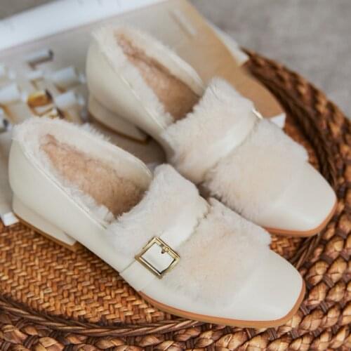 Womens genuine leather wool patchwork wool inside warm winter slip-on loafers soft comfortable square toe moccasins shoes women