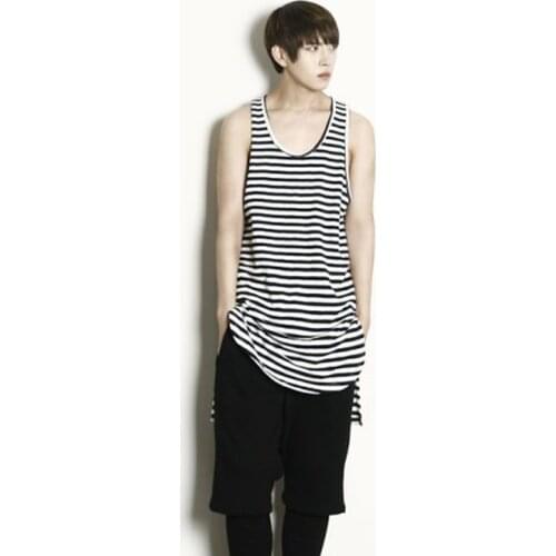 Spring and summer new Korean version of the pinstripe loose long unequal-edged bottoming vest large size front short back long b