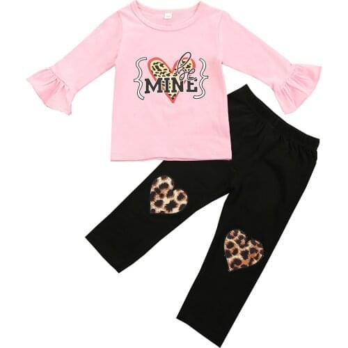 2021 New Letter Leopard Print Childrens Clothes Suit Ruffle Long Sleeve Tops Fashion Pants Baby Kid Girls Outfit 1-6Y