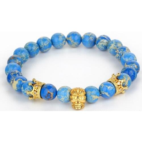 New double Crown Egypt pattern Skull charms with blue pattern stone bead Bracelet Top Quality Male Bracelets Pulsera Gift
