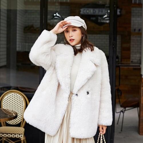 Luxury Winter Real Fur Thick Warm Women White Wool Coat with Pockets High Quality Both Sides Can Be Worn Outwear Woolen Jackets