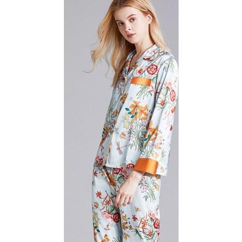 Silky Print Sleepwear 2PCS Pajama Set Female Satin Shirt&Pants Nightwear Casual Intimate Lingerie Nightgown Pajamas for Women