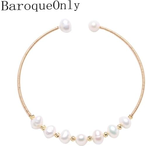 BaroqueOnly hand made white pink freshwater Pearl Wire Strings adjustable Bracelet Vintage Style Bangle Pearls HAA