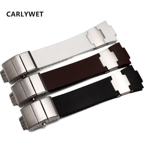 CARLYWET 25mm x 12mm(20mm buckle)Black Brown White Silicone Rubber Watch Band Strap Silver Buckle Clasp