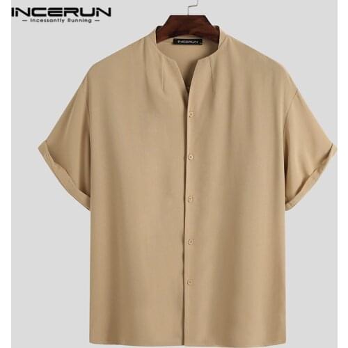 Fashion Men Shirt V Neck Short Sleeve Button Streetwear Solid Color Casual Blouse Korean Style Camisa Masculina INCERUN S-5XL