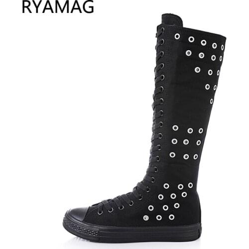 Ryamag 2021 New Womens Canvas Boots Long Boots Hollow Out Shoes Flats Casual High Vent Zipper Comfortable Vulcanize Sneakers