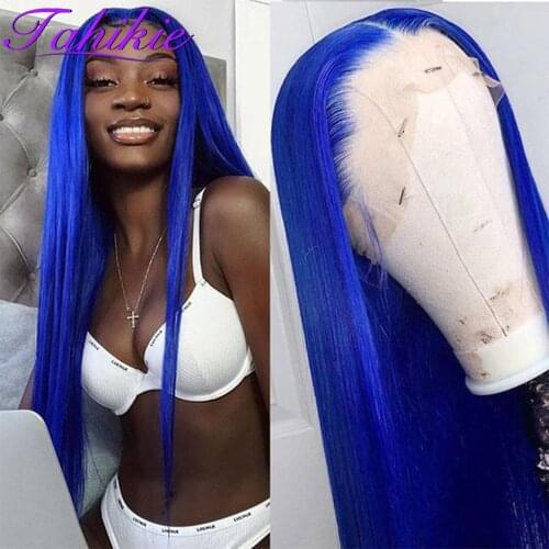 Tahikie Blue Wig Straight Lace Front Wig 13x1 Lace Frontal Wig 30 inch Lace Front Wig Brazilian Remy Wigs For Women Human Hair