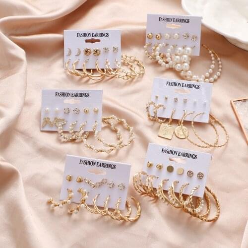 VKME Big Gold Pearl Hoop Earrings Set For Women Face Dangle Earings Girls Geometirc Circle Stud Earring 2021 trend Jewelry Gift