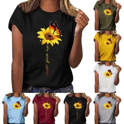 Vintage Sunflower Butterfly Printing Women Shirts Plus Size O-neck Butterfly Sunflower Short Sleeve T-Shirt Women Summer Top
