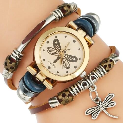 Top Genuine Leather Watch Women Triple Bracelet Wristwatch Golden dragonfly Coffe Stripes Fashion Reloj Para Dama