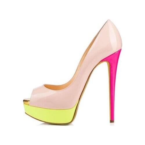 Ladies Fashion Mixed Color Platform Peep Toe Pumps Woman Thin High Heels Summer Dress Wedding Shoes Women Slip-on Stiletto Heels