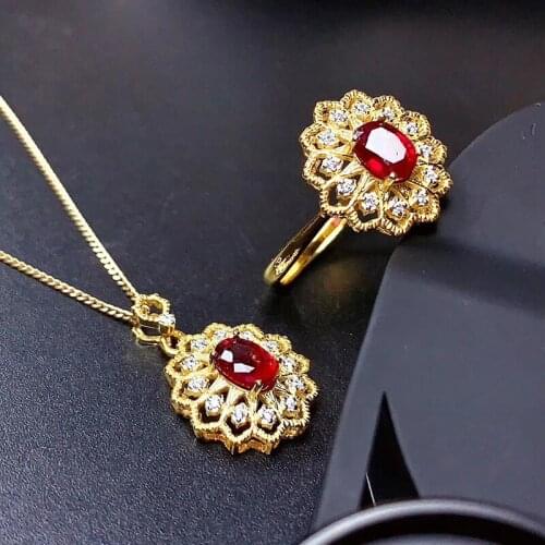 S925 Silver Sets 0.6Ct Oval Pigeons Blood Ruby Jewelry Sets Ring and Pendant For Women Party Fine Jewelry Real Red Gemstones