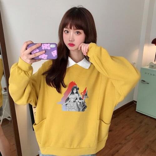 Japanese Harajuku Anime cartoon Cool girl Printing Women Turn-down Collar Sweatshirts Oversized Casual Ulzzang Long Sleeve tops
