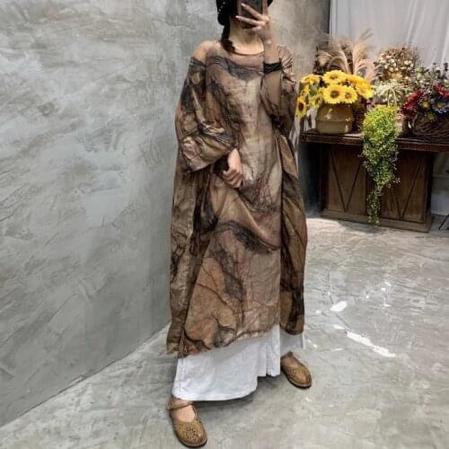 QPFJQD Ladies Retro Ramie Print Floral Robes 2021 Summer Autumn Ladies O Neck Clothes Chinese Style Dress Flare Sleeve