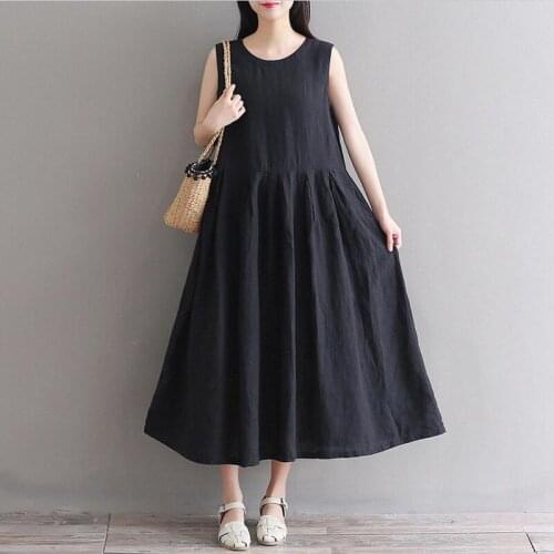 Thin Cotton and Linen 2020 Women Summer Casual Tank Dress Loose Comfortable O-Neck Solid Preppy Style Dress Vestido M-7XL