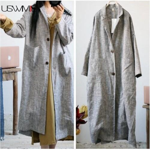 2020 Winter Trench Coat Literature Retro Linen Single Breasted Turn-down Collar Long Sleeve Solid Color Joker Windbreaker USWMIE