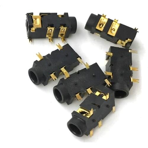 10pcs/lot gold-plated phone Jack Diameter 3.5mm 5 pin audio pop socket for 3 poles earphone plug SMD type
