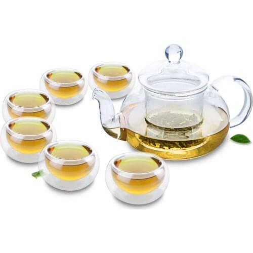 1x Tea Set C-1*680ml Heat-Resisting Glass Tea Pot W/Artistic Lid+6*Cups