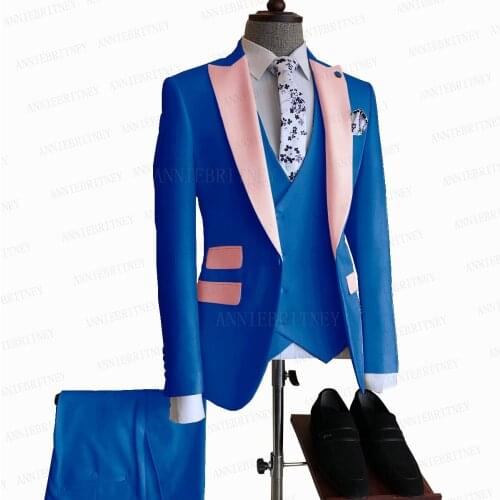 2021 Fashion Royal Blue Men Suit Slim Fit Custom Groom Wedding Prom Suit Jacket Double Breasted Vest Pants Dinner Dress Tuxedo