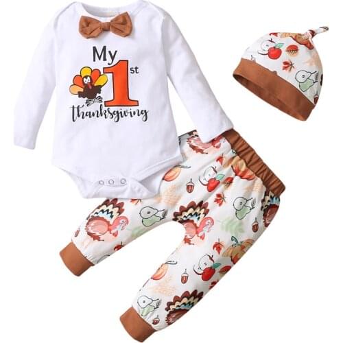 Pudcoco 0-18M 3Pcs Thanksgiving Day Catoon Turkey Letter O-Neck Fashion Bowknot Bodysuit Leotard+Pants+Hat Clothes Sets