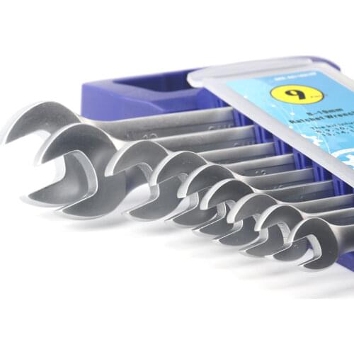 9PCS Ratchet Wrench Spanner Set of Multitools Keys Set Matte Finish Fixed Head 72-Teeth Ratcheting with Portable Plastic Rack