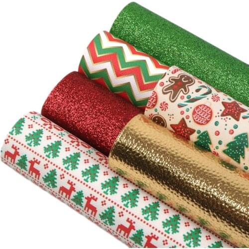 David accessories 6pcs/set 20*33cm Christmas Design Synthetic Leather Set DIY Bow Bag Crafts Faux Leather Fabeic,1Yc8185