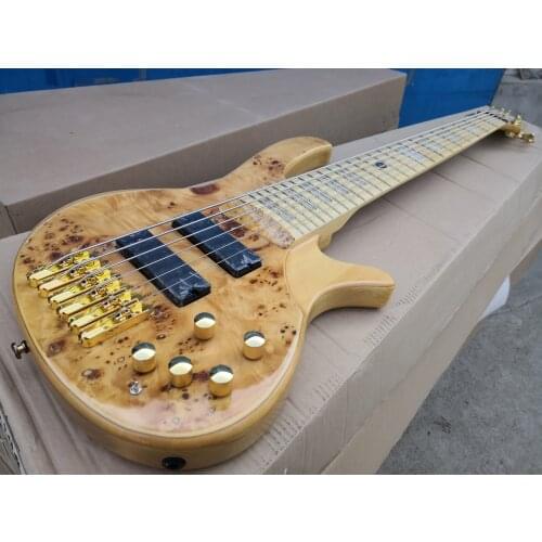 Free shipping custom 6 string guitar bass ,ASH body,burl maple veneer,HH pickups,black button,neck bolt on body,6 strings bass