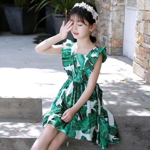 2019 new girl leaf dress print girl dress flap sleeveless childrens summer dress girl 6 8 10 12 years