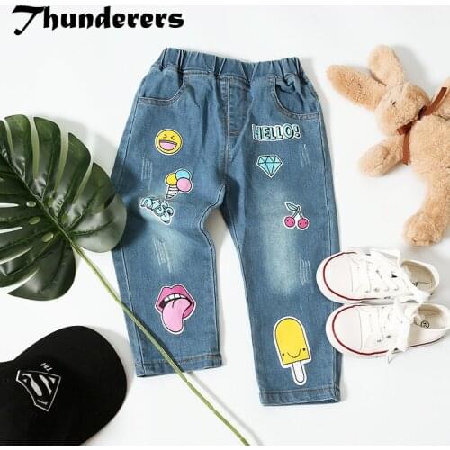 Thunderers 2019 New Fashion Spring Autumn Kids Jeans For Girls Boys Waist Cartoon Geometric Childrens Trousers Casual Clothes
