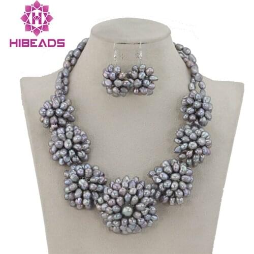 Fantastic Handmade Pearl Flower Necklace Gray Grey Freshwater Rice Pearls Bridal Jewelry Wedding Jewelry Free Shipping FP064