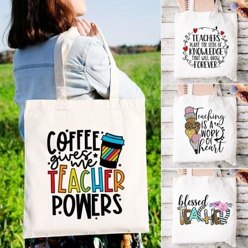 Coffee Gives Me Teach Powers Women Canvas Shopping Tote Bag Shoulder Shopper Storage Reusable Bags Best Teacher Travel Gift